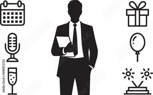 Event Planner Silhouette with Calendar, Microphone, Gift, Balloon, and Champagne Icons