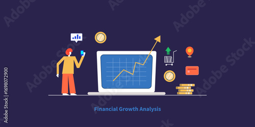 Businessman reviews financial metrics and business growth through mobile app, online sales and digital payment on rise.