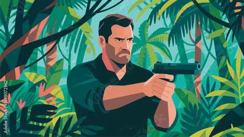 illustration of a man carrying a gun in the forest vector design template