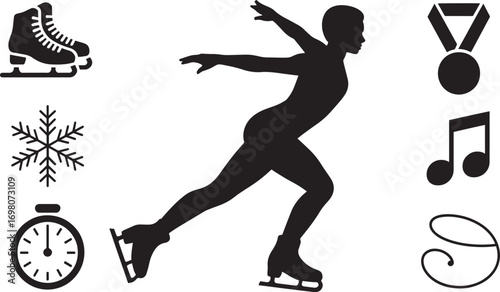 Figure Skater Silhouette Gracefully Gliding with Skates, Medal, and Snowflake on Clear View