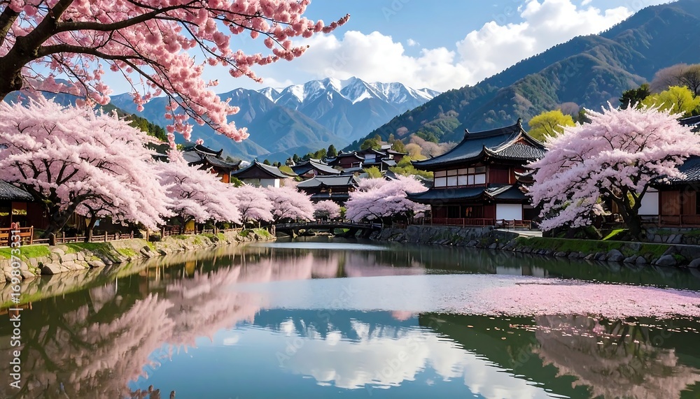 Fototapeta premium Cherry blossom trees line a canal in a village set against snow-capped mountains