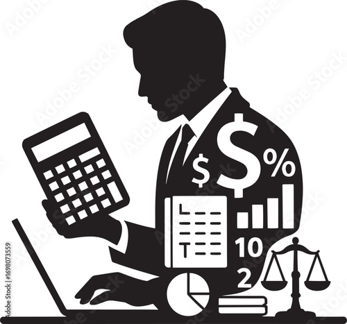 Financial Analyst Silhouette with Calculator Laptop and Accounting Symbols Illustration
