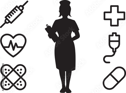 Healthcare Professional Silhouette with Medical Icons on Transparent Background for Design