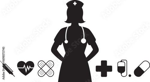 Healthcare Professional Silhouette with Medical Icons on Transparent Background for Design