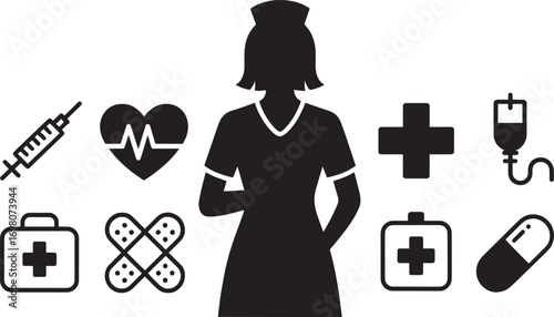 Healthcare Professional Silhouette with Medical Icons on Transparent Background for Design