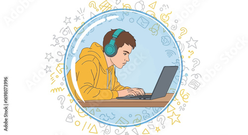 A focused young man wearing headphones works on his laptop inside a protective bubble, isolating himself from the chaos and distractions of the outside world