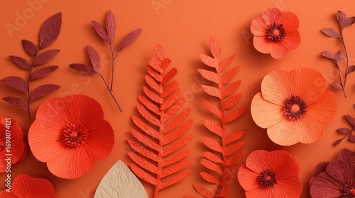 Vibrant Paper Flowers and Leaves on an Orange Background