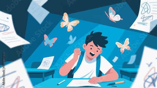 illustration of a restless student, surrounded by thoughts flying like butterflies vector design template