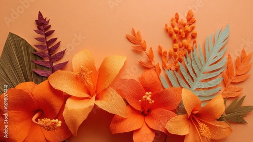 Vibrant Orange Flower and Leaf Arrangement on Soft Peach Background