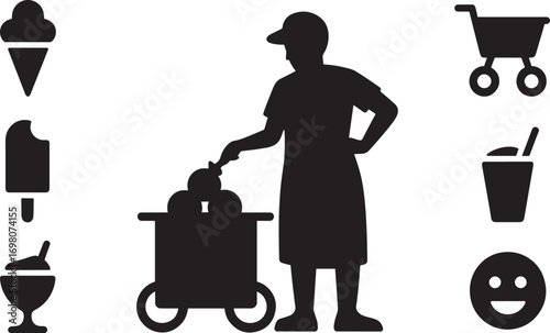 Ice Cream Seller Silhouette with Cart, Treats, and Smiley Face on Transparent View