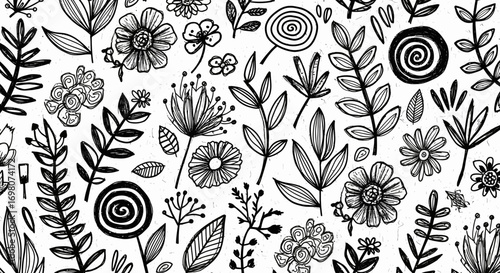 Hand drawn botanical elements and floral illustrations in black and white sketch style.