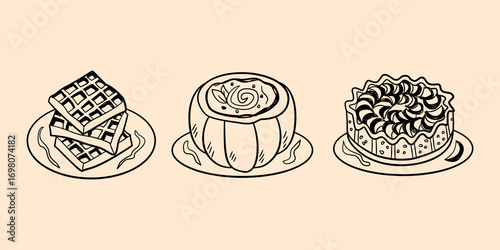 Autumn season and thanksgiving food hand drawn illustration collection. Apple pie cake, waffle, stuffed pumpkin doodle clip art vector.	