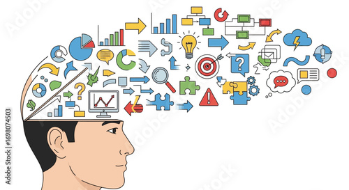 A vibrant illustration of a human head filled with diverse business concepts, data analysis symbols, and creative ideas, representing strategic thinking and problem-solving
