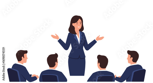 A business woman is giving a presentation to an audience of four people sitting in chairs