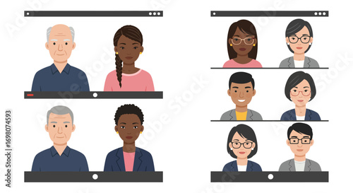 A digital arrangement of eight diverse individuals in virtual conference displays