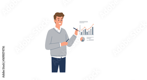A man in a sweater pointing at a chart with a pen