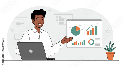 A man presents charts on a screen using a laptop a plant in a pot is beside him