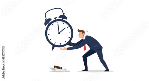 A man struggles to hold up an oversized alarm clock with papers on the ground