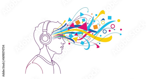 Abstract representation of a person wearing headphones and experiencing an explosion of colorful geometric shapes and lines emanating from their head, symbolizing creativity and imagination