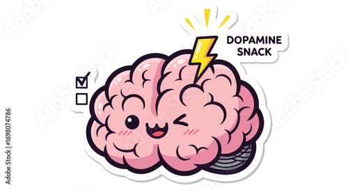 Cute kawaii brain character getting a happy boost of dopamine. A mental reward concept for positive reinforcement and well-being