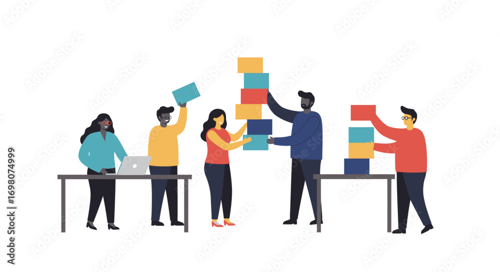 Obraz premium Five people are seen stacking colored boxes