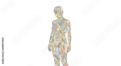 Abstract human figure in colorful mosaic pattern, representing the concept of inner strength and the beauty of transformation through personal reconstruction