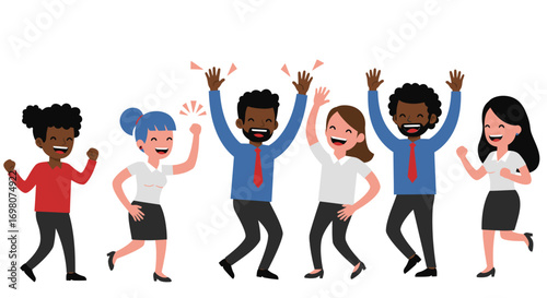 Cheering group six diverse cartoon people celebrate with arms raised  smiles dressed in casual business attire