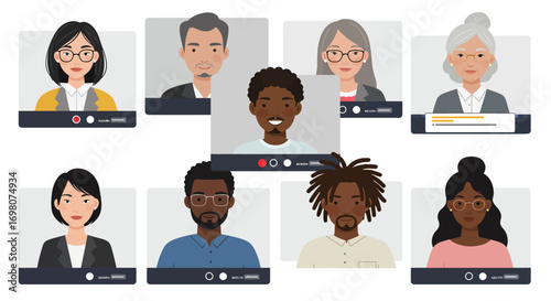 Eight diverse individuals appear on a video call displayed in separate boxes
