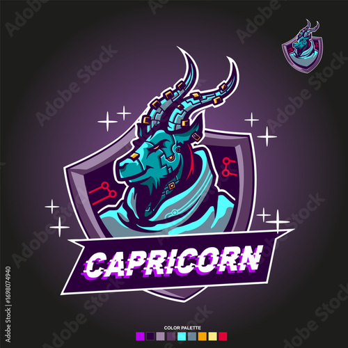 Vector Futuristic Cybernetic Capricorn Zodiac Emblem Logo