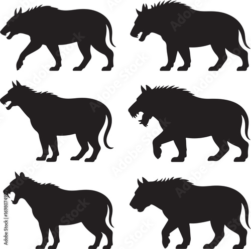 Six Black Silhouettes of Predatory Mammals on White Background animal wild