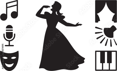 Opera Singer Silhouette with Microphone, Musical Notes, Stage Curtains Vector Art