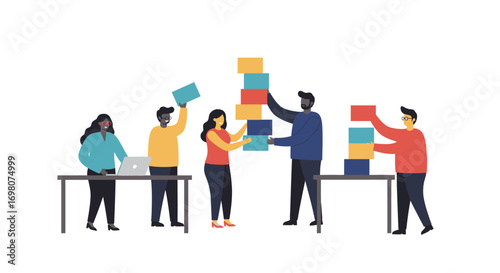 Five people are seen stacking colored boxes