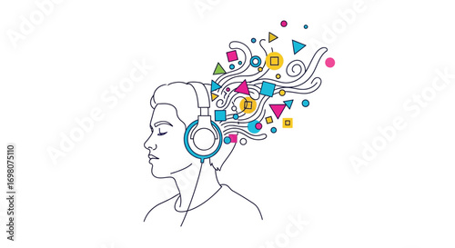 The vibrant sound of inspiration, a minimalist illustration showing creative thoughts and musical energy flowing from a listener's headphones