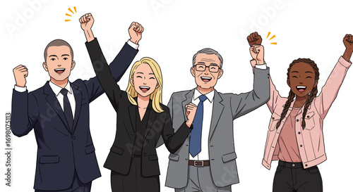Four diverse professionals in business attire celebrate with raised fists exuding joy against a white background