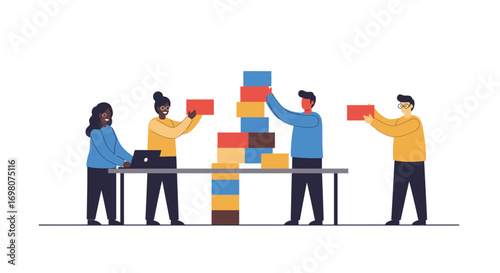 Four figures two on a table with a laptop two stacking colored blocks
