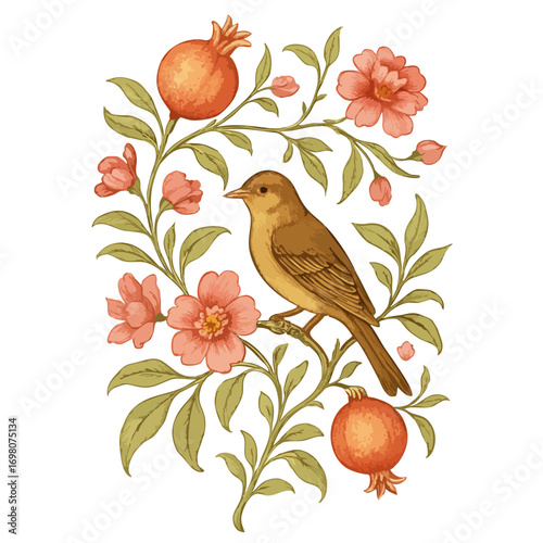 Colourful Chintz Floral motif with bird sitting on a pomegranate plant on a white transparent background- watercolour art