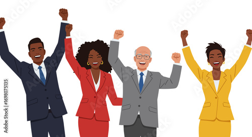 Four jubilant diverse businesspeople celebrate success arms raised