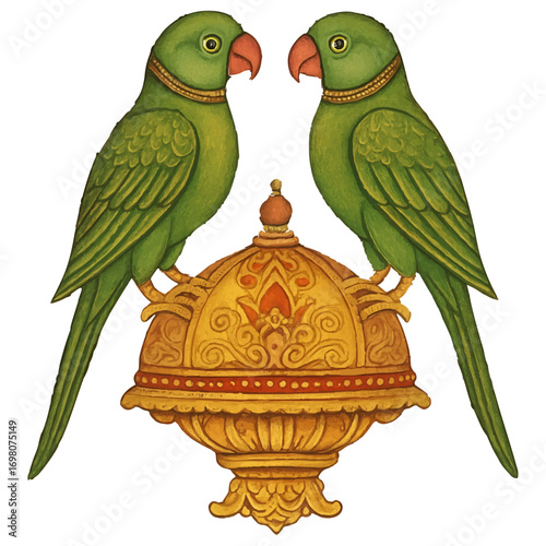 2 Parrots sitting on a dome tanjor painting on a white transparent background- watercolour art