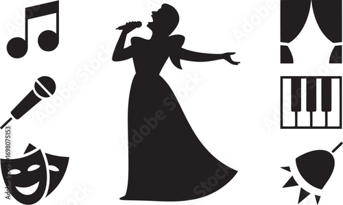Opera Singer Silhouette with Microphone, Musical Notes, Stage Curtains Vector Image