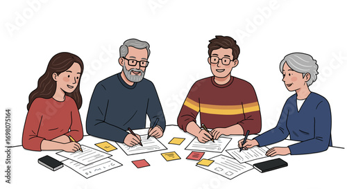 Four people at a table are working with papers and pens