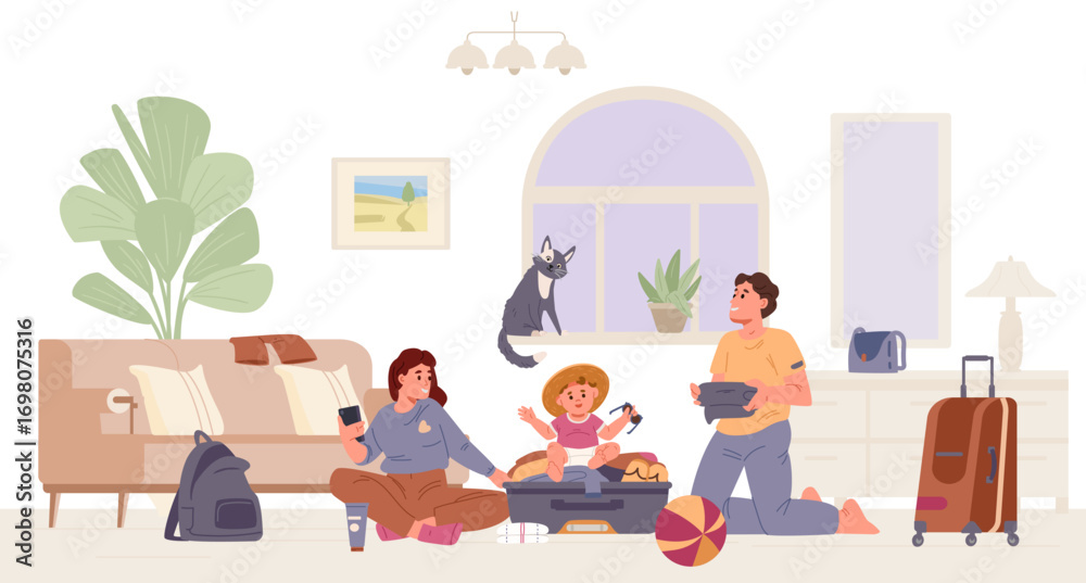 Fototapeta premium Happy family with a baby packing a suitcase at home on the floor flat vector illustration. Woman checking list on the phone, baby sitting inside a suitcase, man standing on knees with clothes in his a