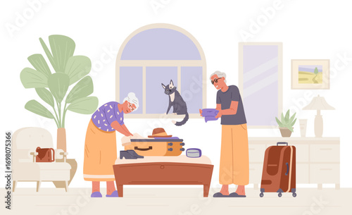 Senior couple packing a suitcase on a bed at home getting ready to a trip flat vector illustration.