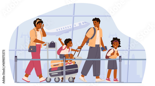 African American family with luggage cart and suitcases walking at the airport flat vector illustration.