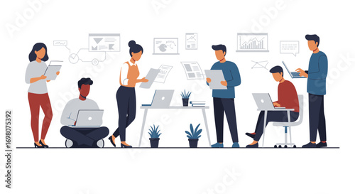 Group of six stylized people working with devices and papers in a brightly lit office