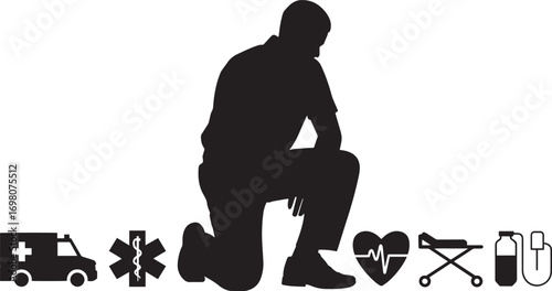 Paramedic Silhouette Kneeling with Medical Icons on Transparent Background for Aid Design