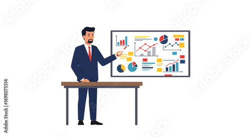 Man points to a datafilled presentation He stands behind a table dressed in a suit with a red tie