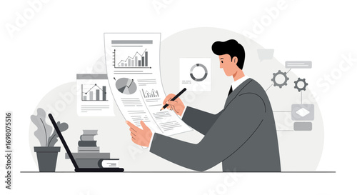 Man in suit reviews charts graphs and texts on papers Laptop books diagrams visible