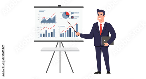 Man presenting data on a flip chart holding a laptop