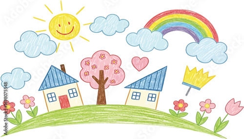 Childlike crayon drawing of a happy village scene with houses tree flowers sun and rainbow.