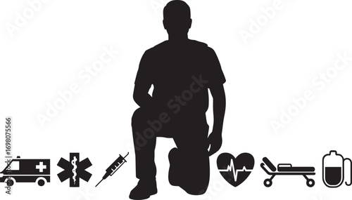 Paramedic Silhouette Kneeling with Medical Icons on Transparent Background for Healthcare